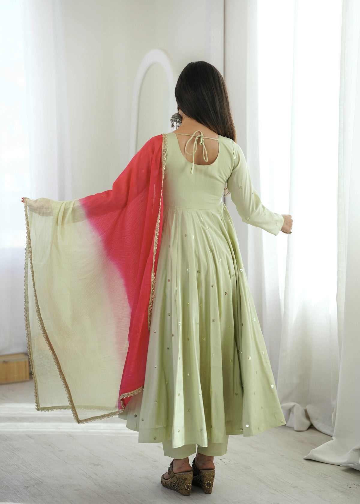 Premium Roman Silk Anarkali Gown with Embroidery, Sequin & Real Mirror Work