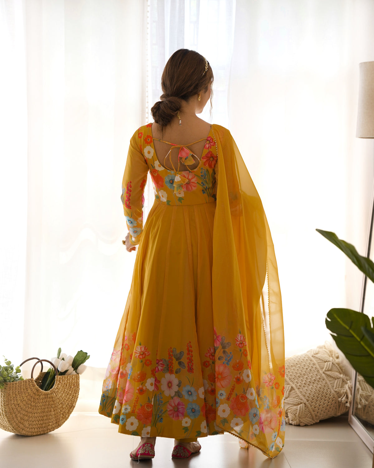 Premium Organza Silk Printed Anarkali Suit Set with Badla Jari & Gota Patti Work
