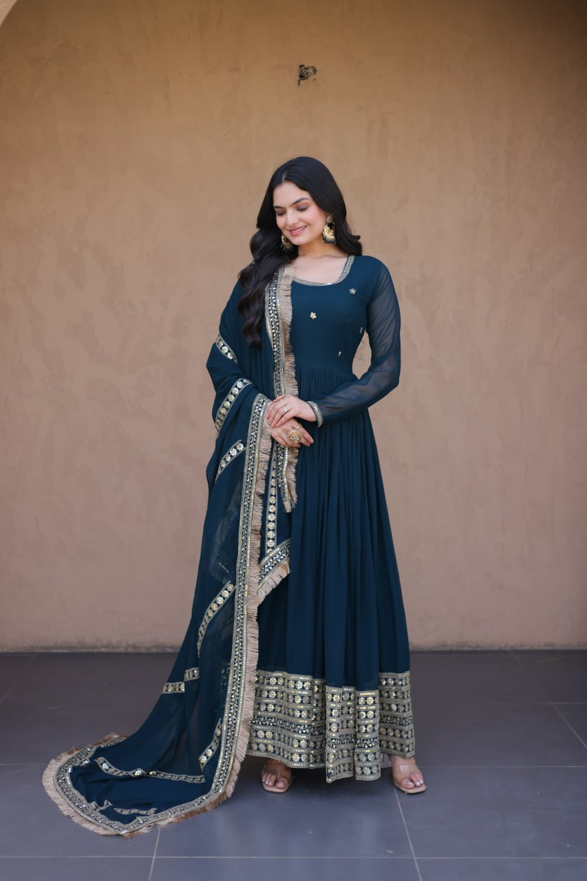 Premium Faux Blooming Embroidered Gown with Dupatta