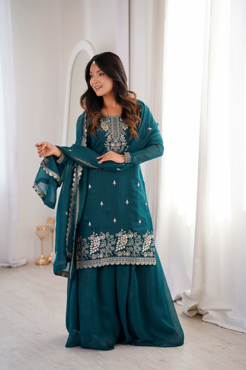 Premium Crunchy Silk Sharara Suit with Embroidery, Sequin & Jari Work