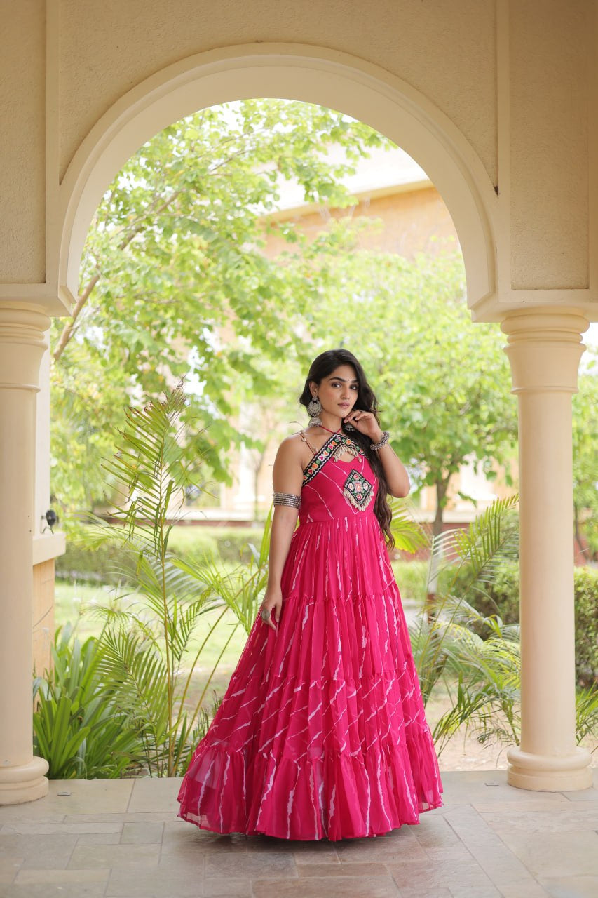 Premium Faux Georgette Navratri Gown with Laheriya Print & Kutchi Patchwork