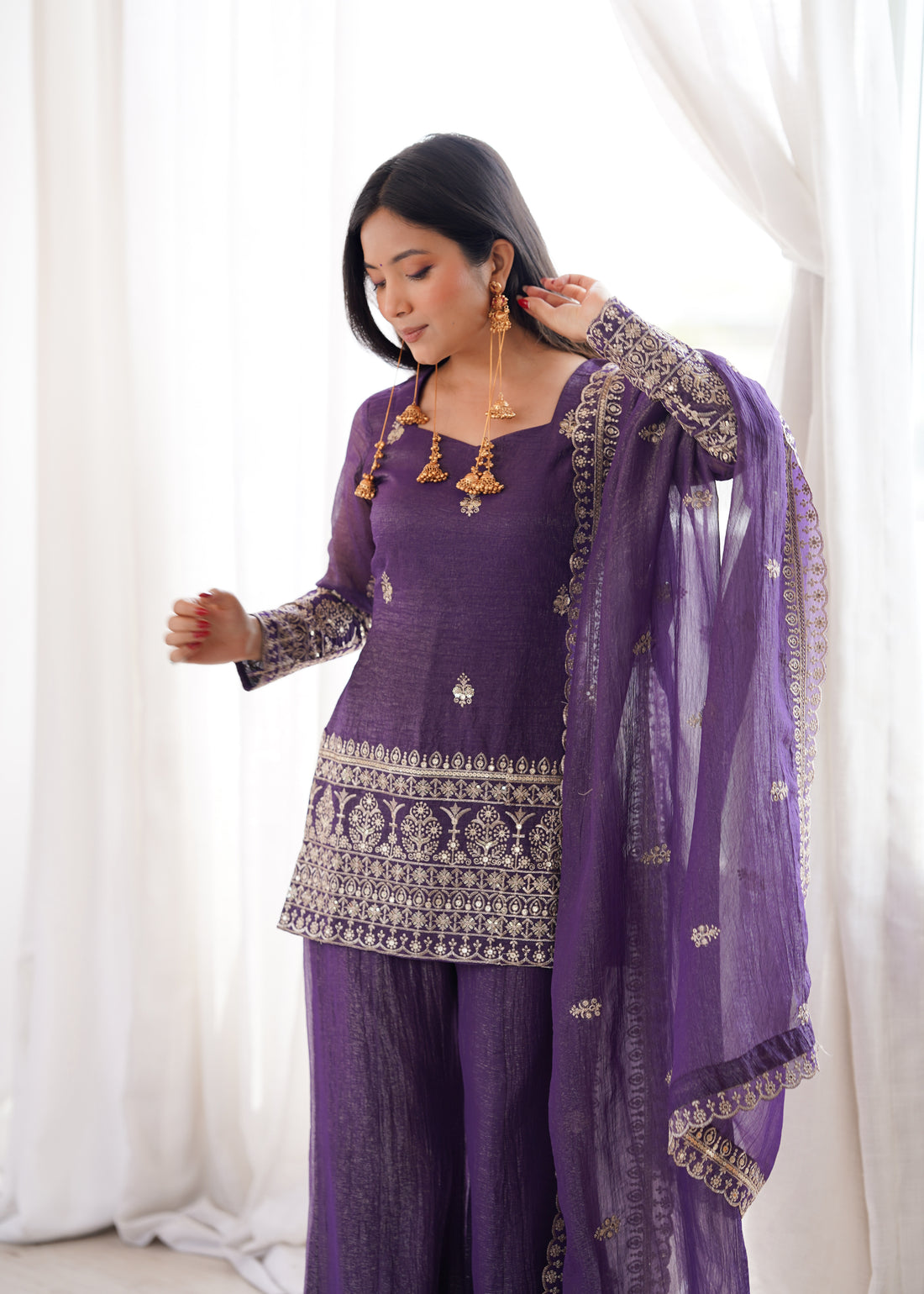 Premium Crunchy Silk Embroidered Bell Bottom Set