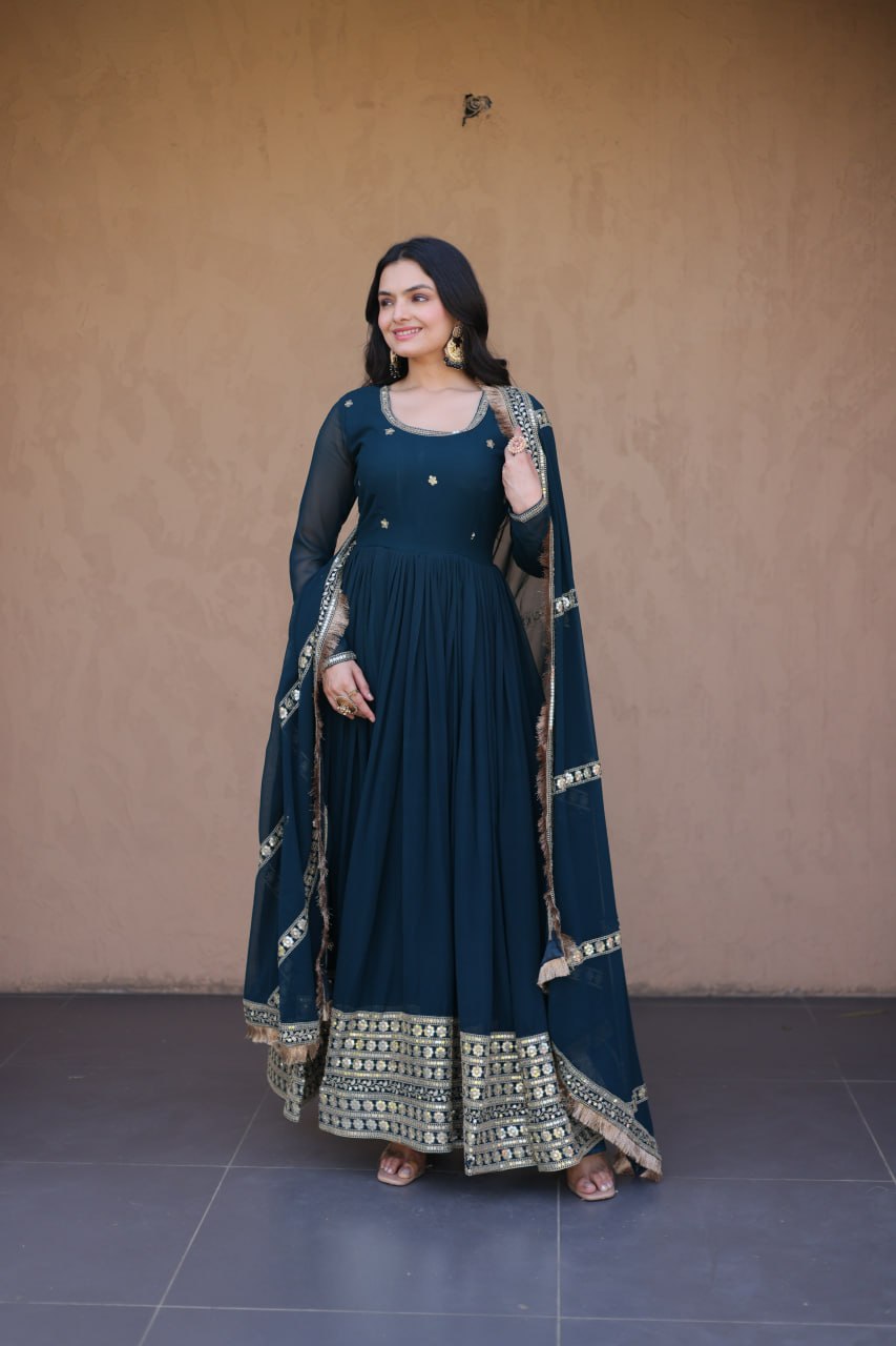 Premium Faux Blooming Embroidered Gown with Dupatta
