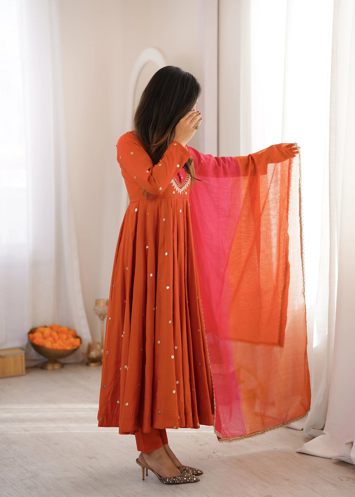 Premium Roman Silk Anarkali Gown with Embroidery, Sequin & Real Mirror Work
