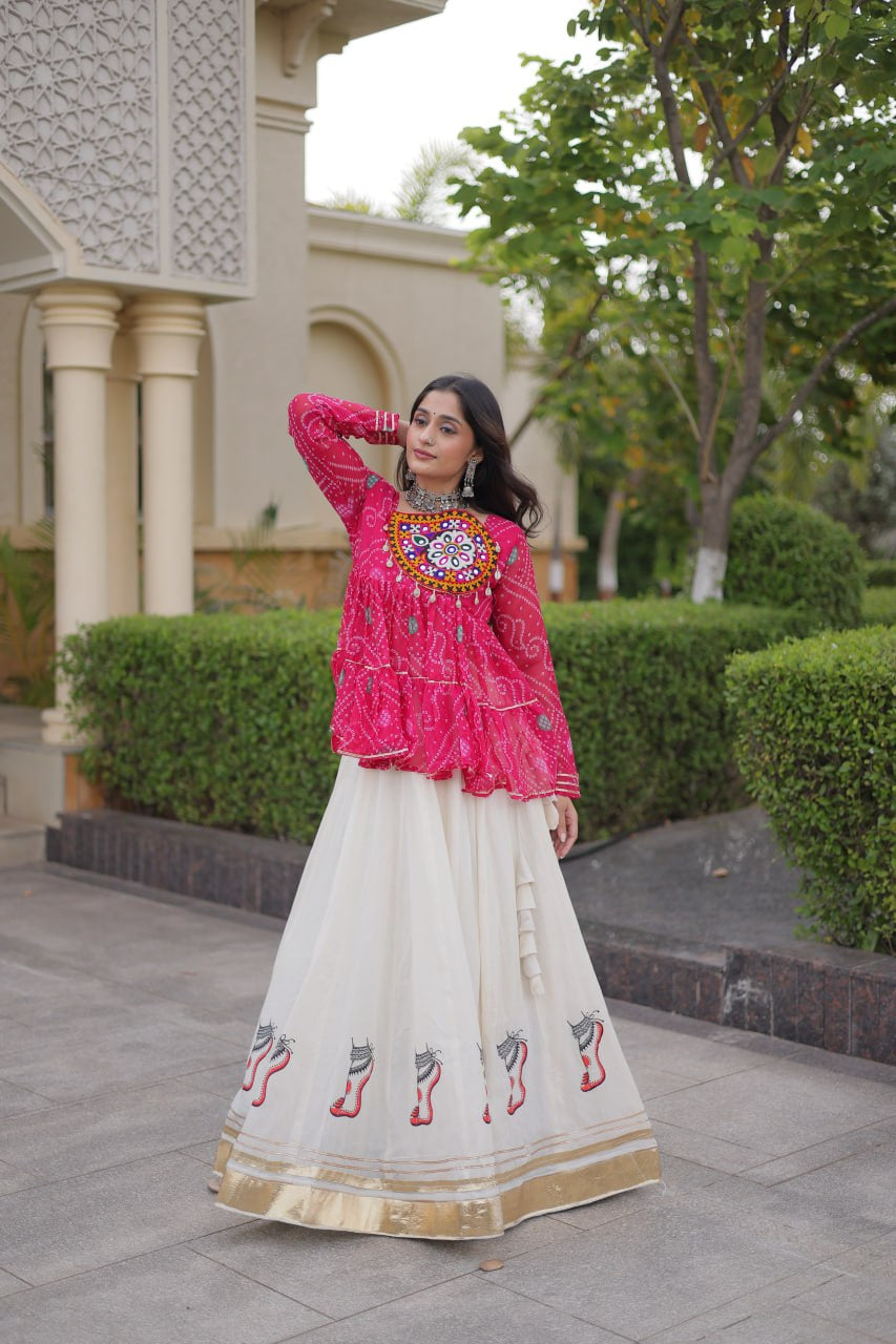 Premium Kora Cotton Navratri Lehenga Choli with Gota Lace & Bandhani Kutchi Gamthi Work