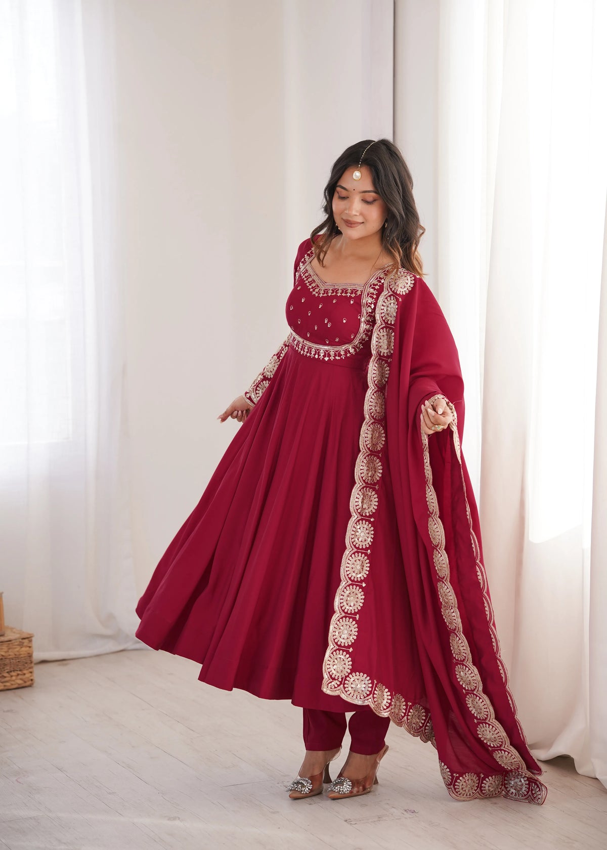Premium Roman Silk Anarkali Gown with Embroidery & Sequin Work