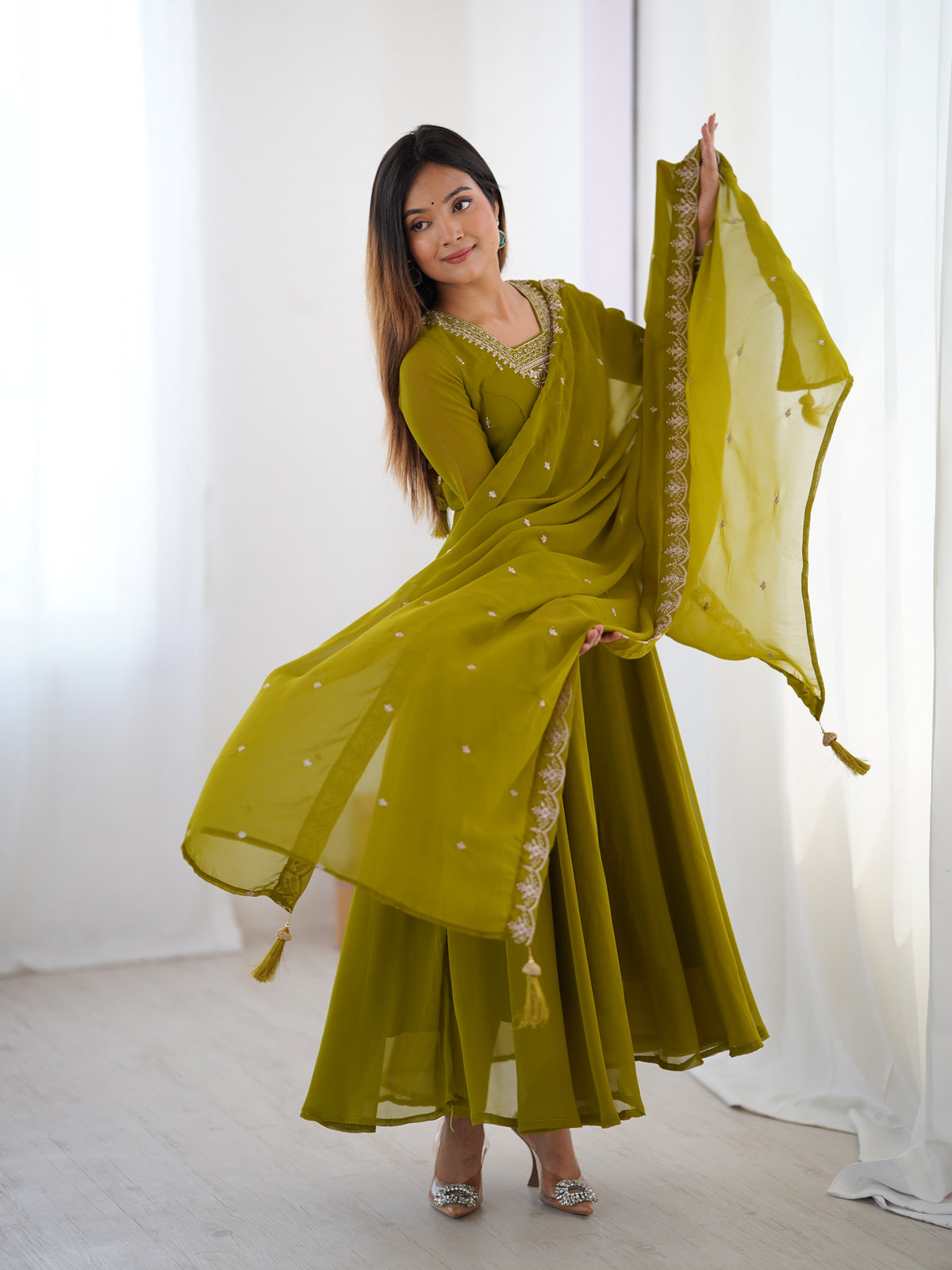 Premium Fox Georgette Anarkali Suit with Beads, Jari Work, 6.5 Meter Flair & Embellished Dupatta