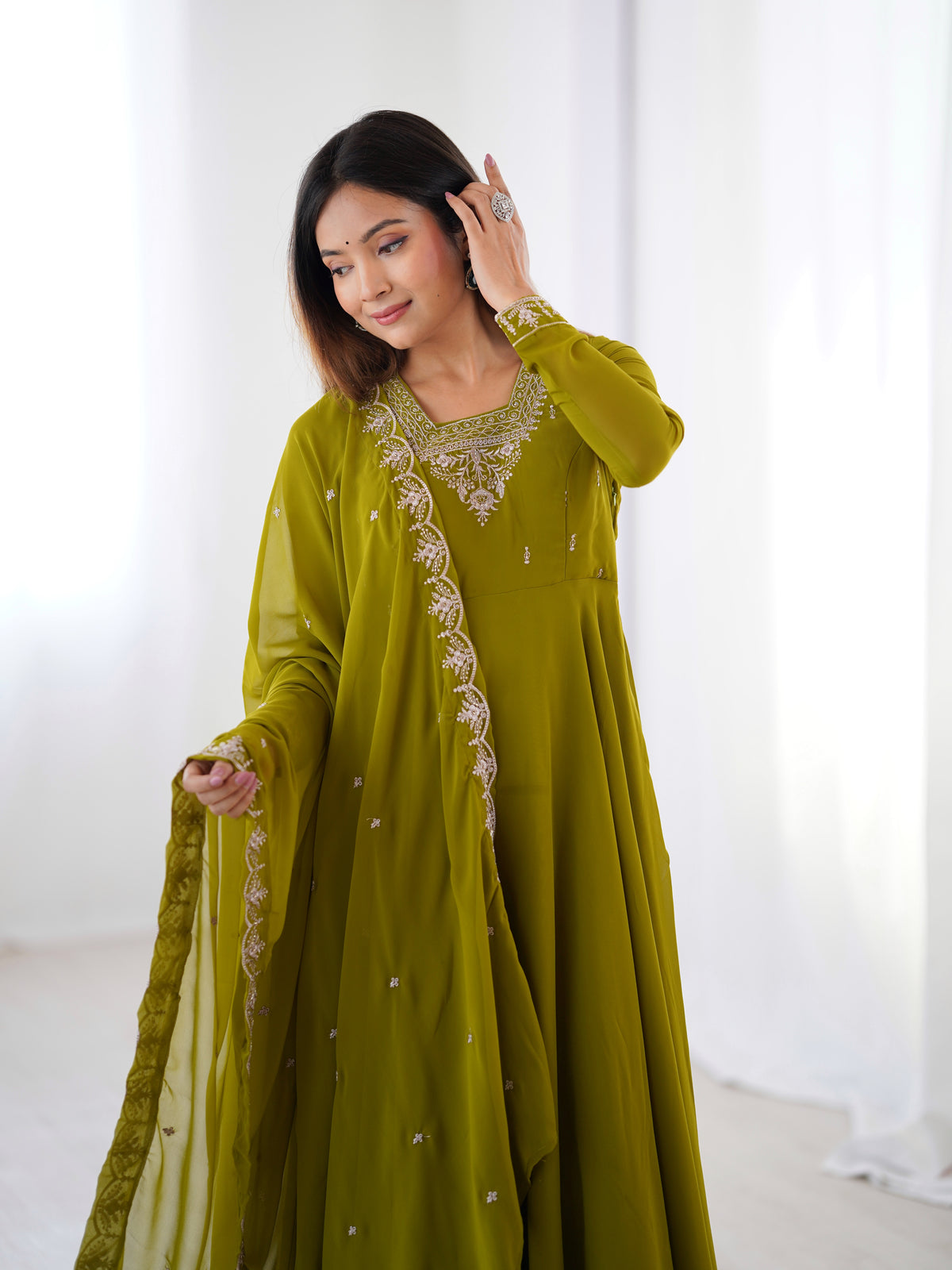 Premium Fox Georgette Anarkali Suit with Beads, Jari Work, 6.5 Meter Flair & Embellished Dupatta