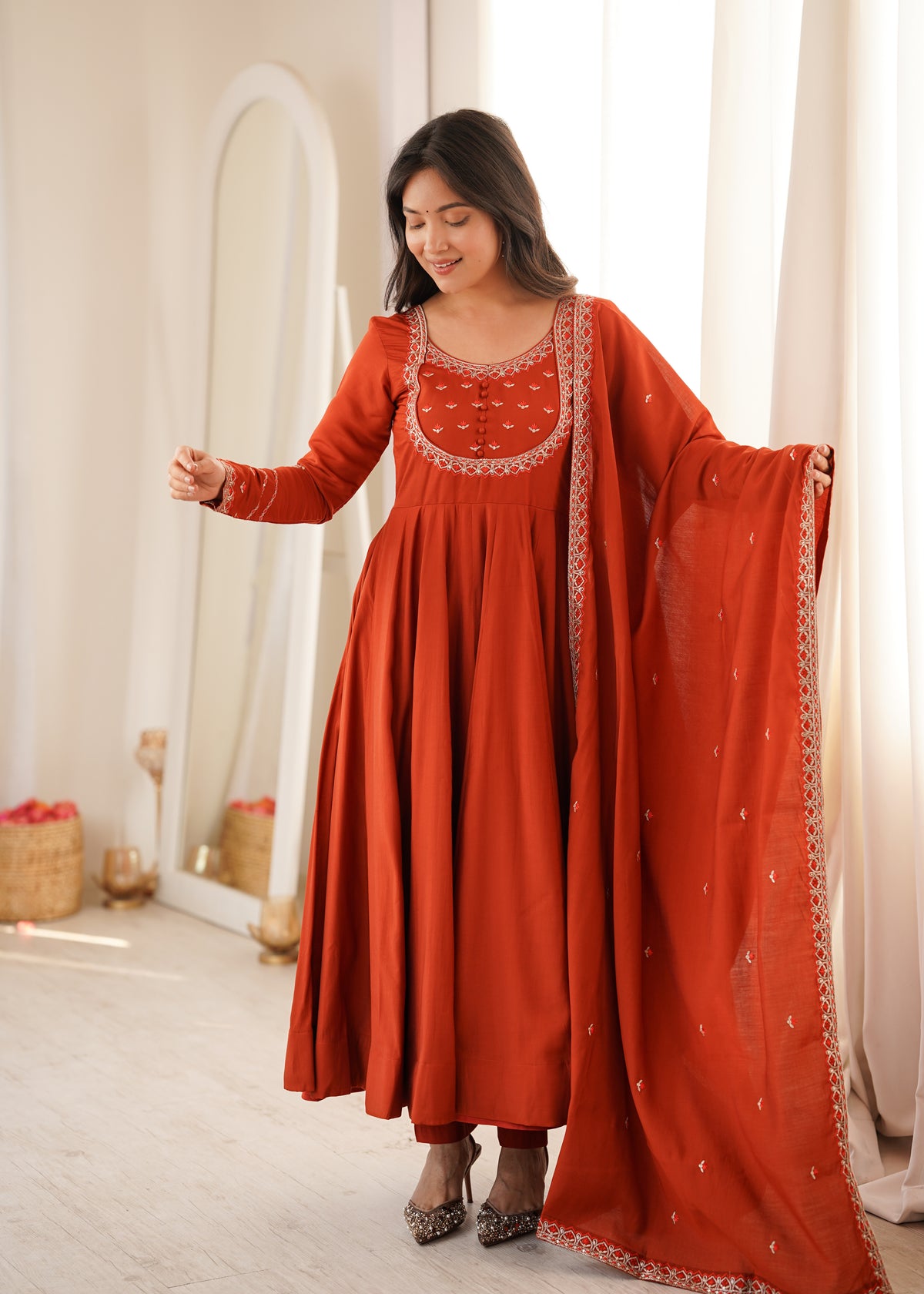 Premium Roman Chanderi Silk Anarkali Gown with Thread & Jari Work