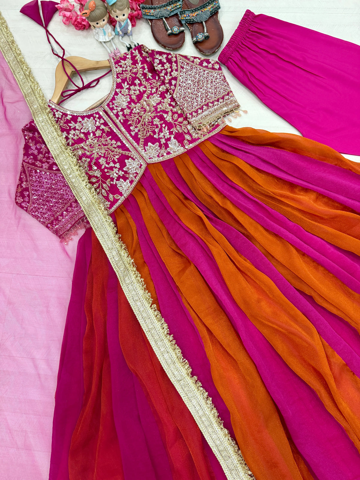 Premium NC Moss Silk Gown with Embroidery, Beads & Tassel Sleeves