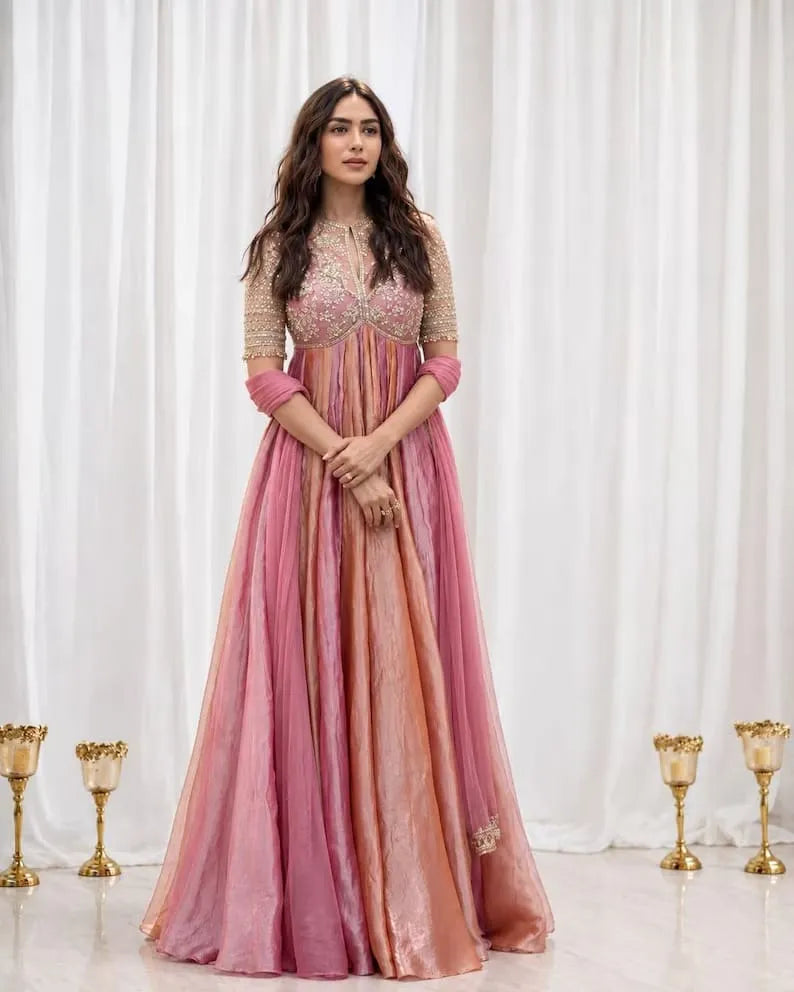 Premium NC Moss Silk Gown with Embroidery, Beads & Tassel Sleeves