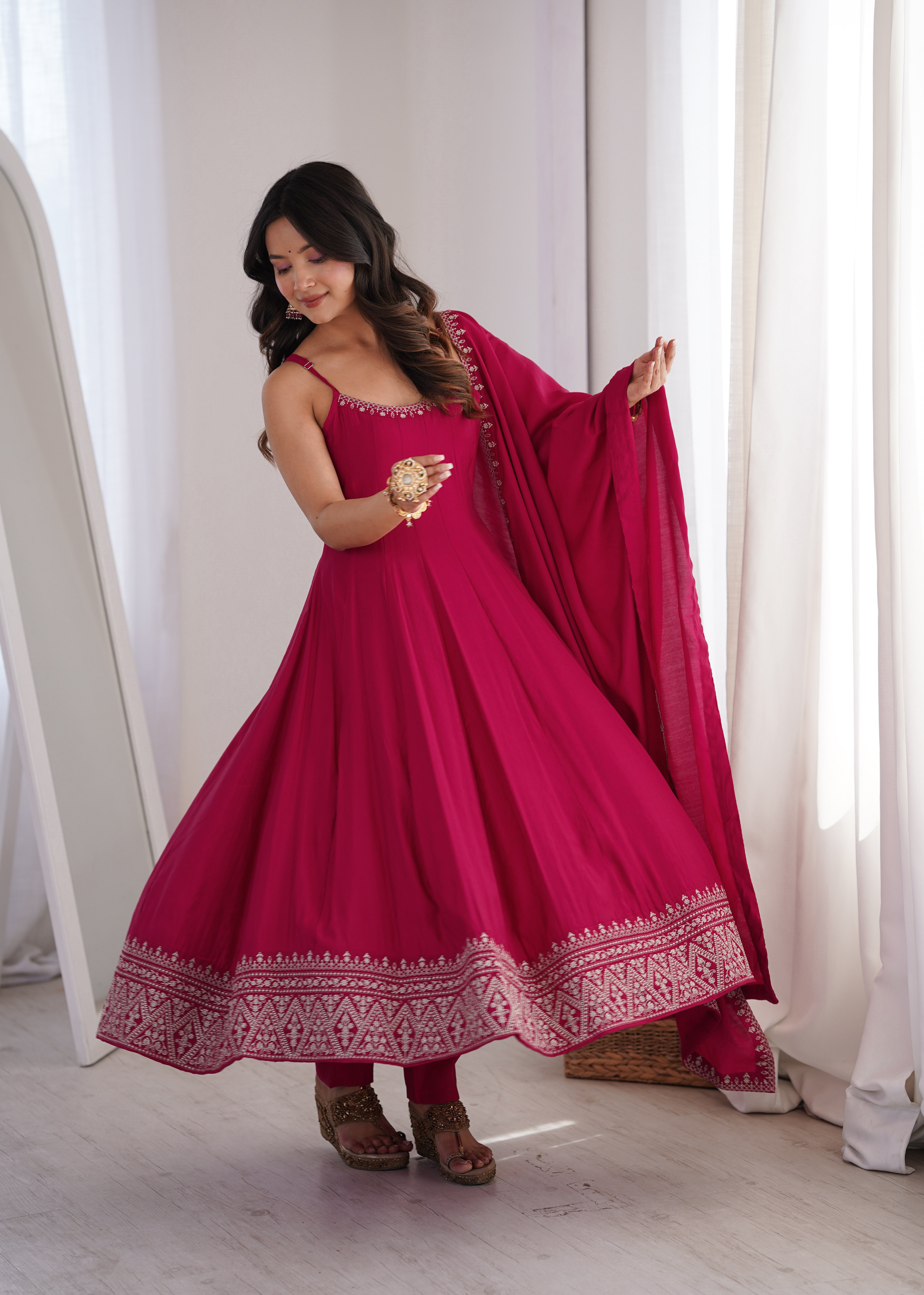 Premium Pure Romansilk Chanderi Flared Anarkali Gown Set