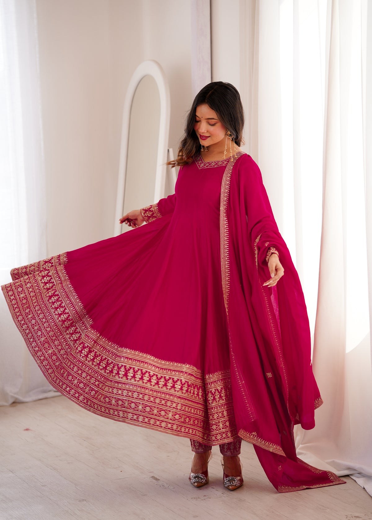 Premium Blooming Vichitra Silk Anarkali Gown Set with Embroidery, Sequin, Dori & Jari Work
