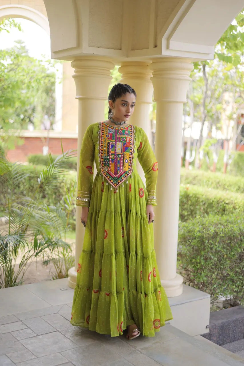 Premium Faux Georgette Navratri Gown with Bandhani Print & Kutchi Patchwork