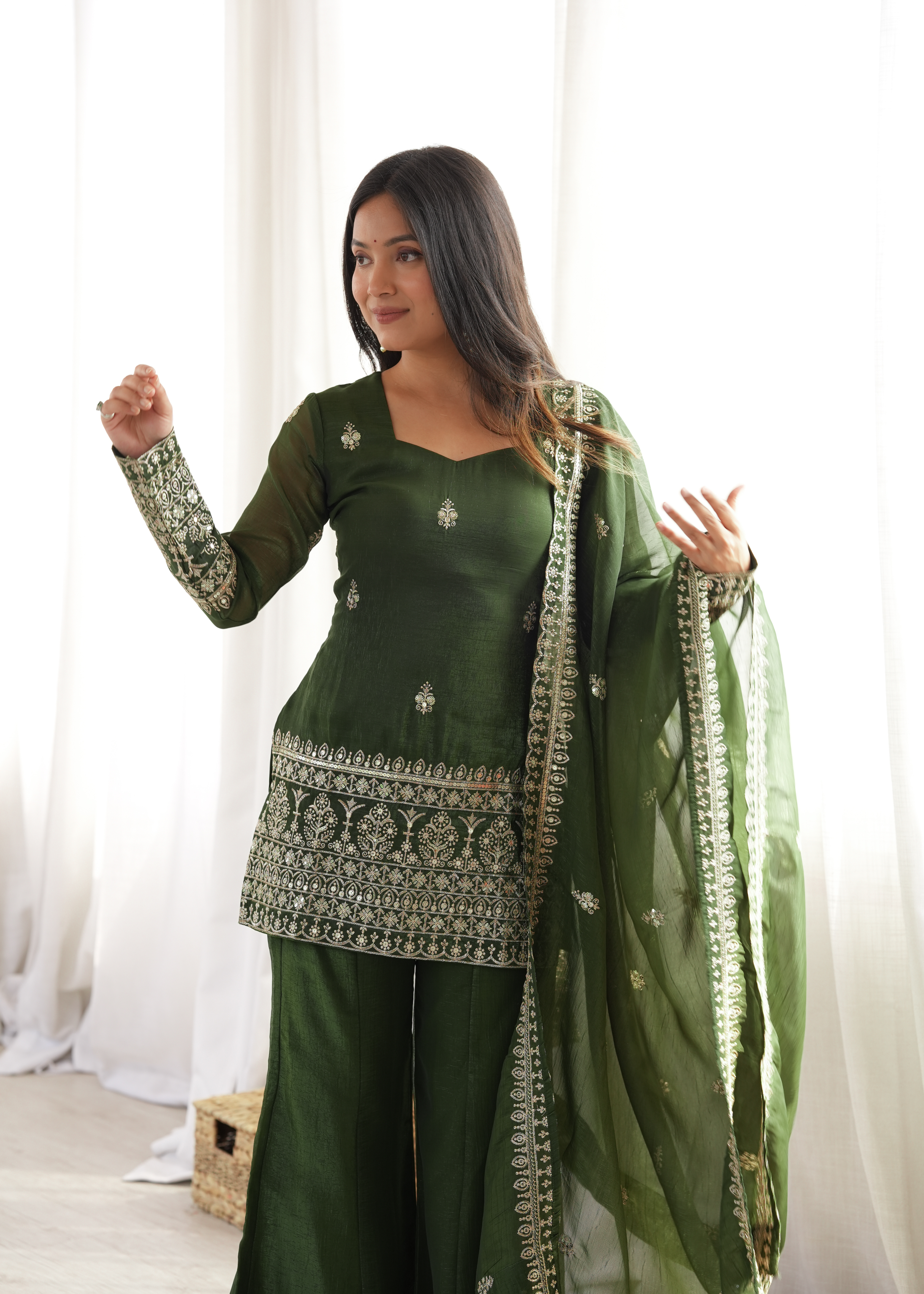 Premium Crunchy Silk Embroidered Bell Bottom Set