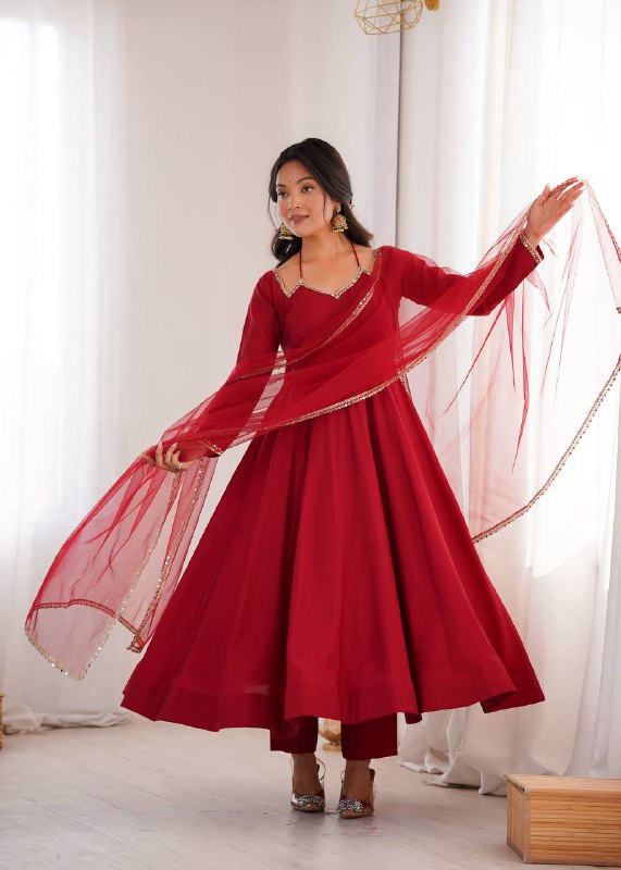 Premium Roman Silk Chanderi Anarkali Gown Set with Dupatta & Pant