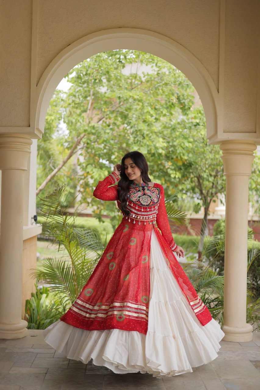 Premium Kora Cotton Navratri Lehenga with Bandhani Print & Kutchi Patchwork Kurti