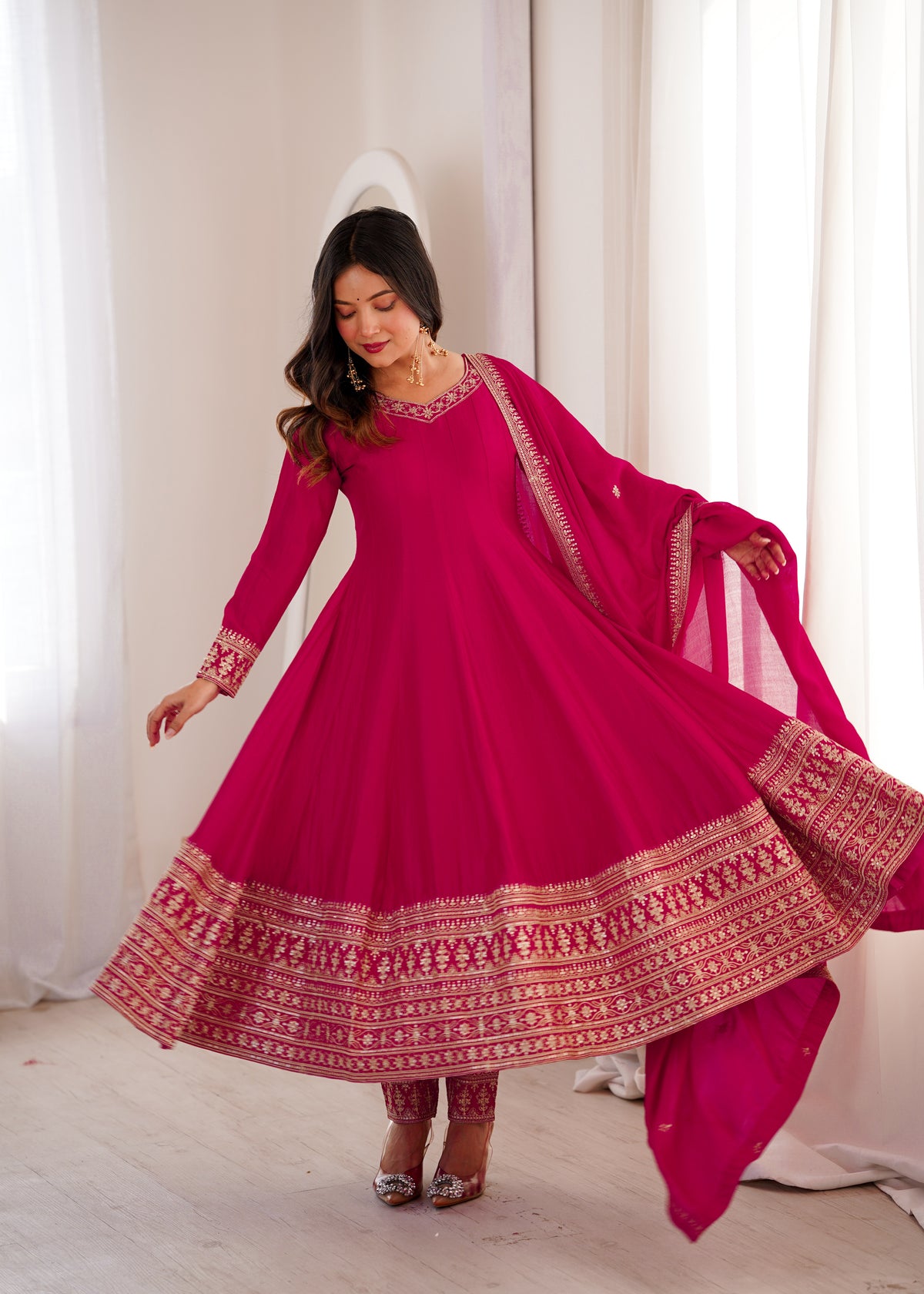 Premium Blooming Vichitra Silk Anarkali Gown Set with Embroidery, Sequin, Dori & Jari Work