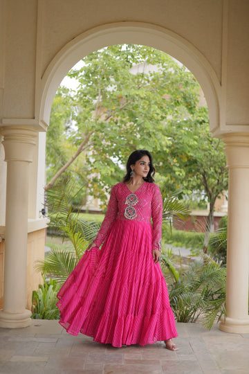 Premium Faux Georgette Navratri Gown with Laheriya Print & Kutchi Patchwork