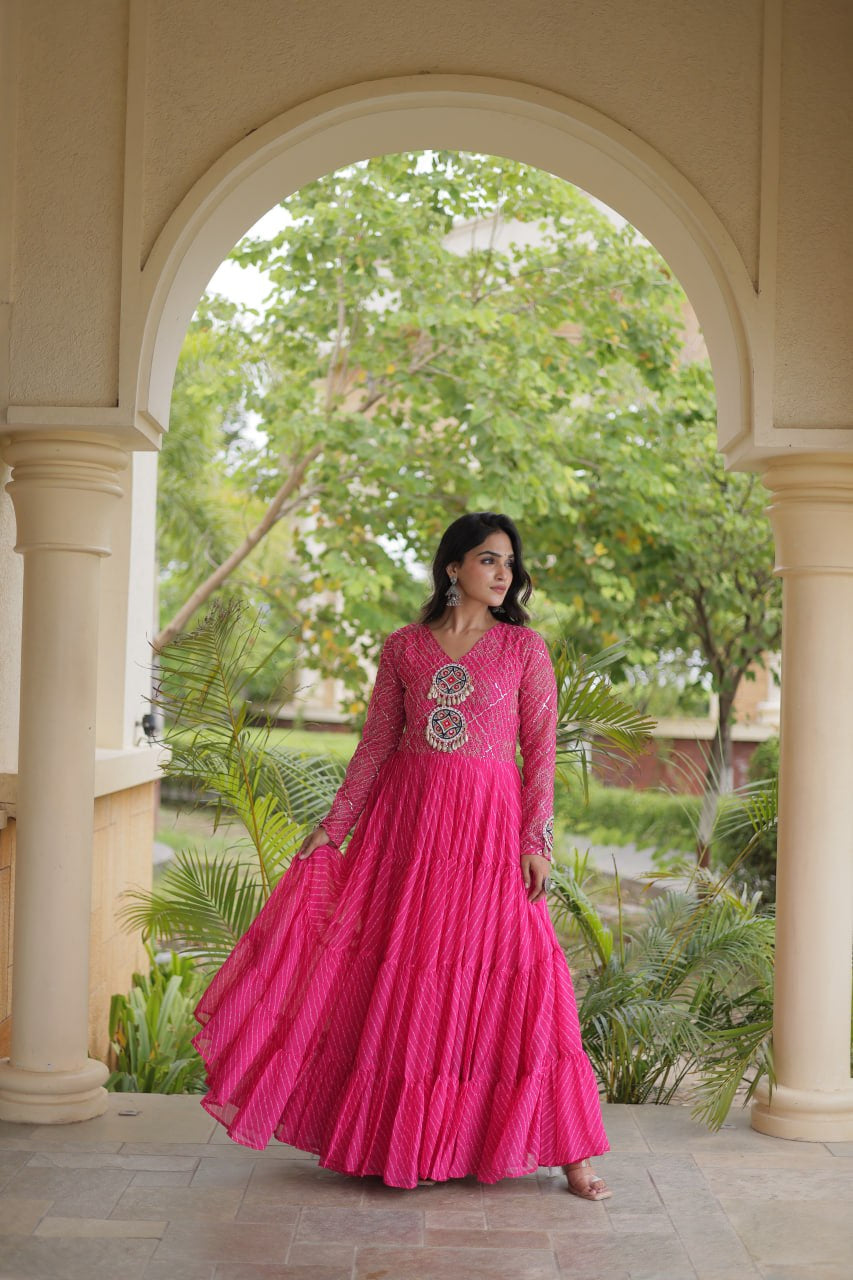 Premium Faux Georgette Navratri Gown with Laheriya Print & Kutchi Patchwork