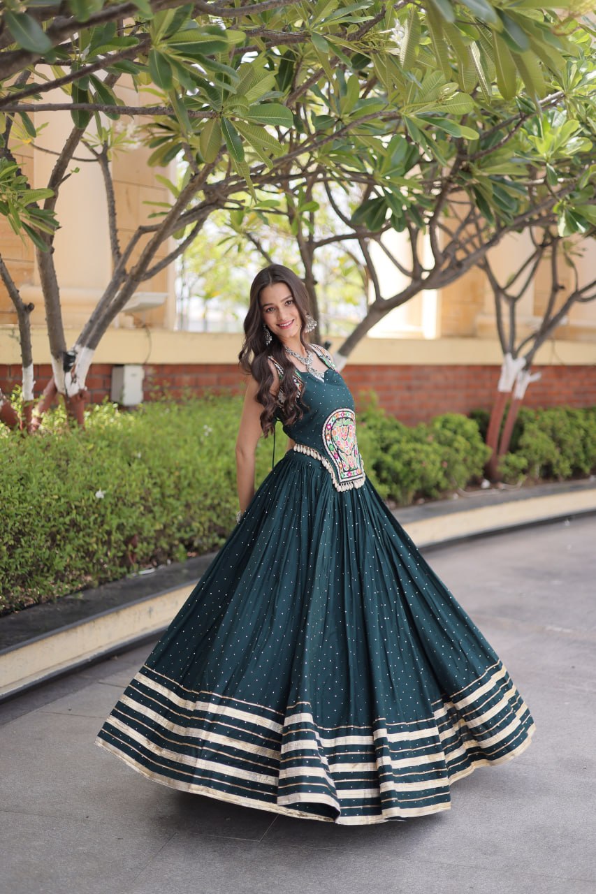 Reyon Navratri Lehenga Choli with Mukesh & Gamthi Mirror Work