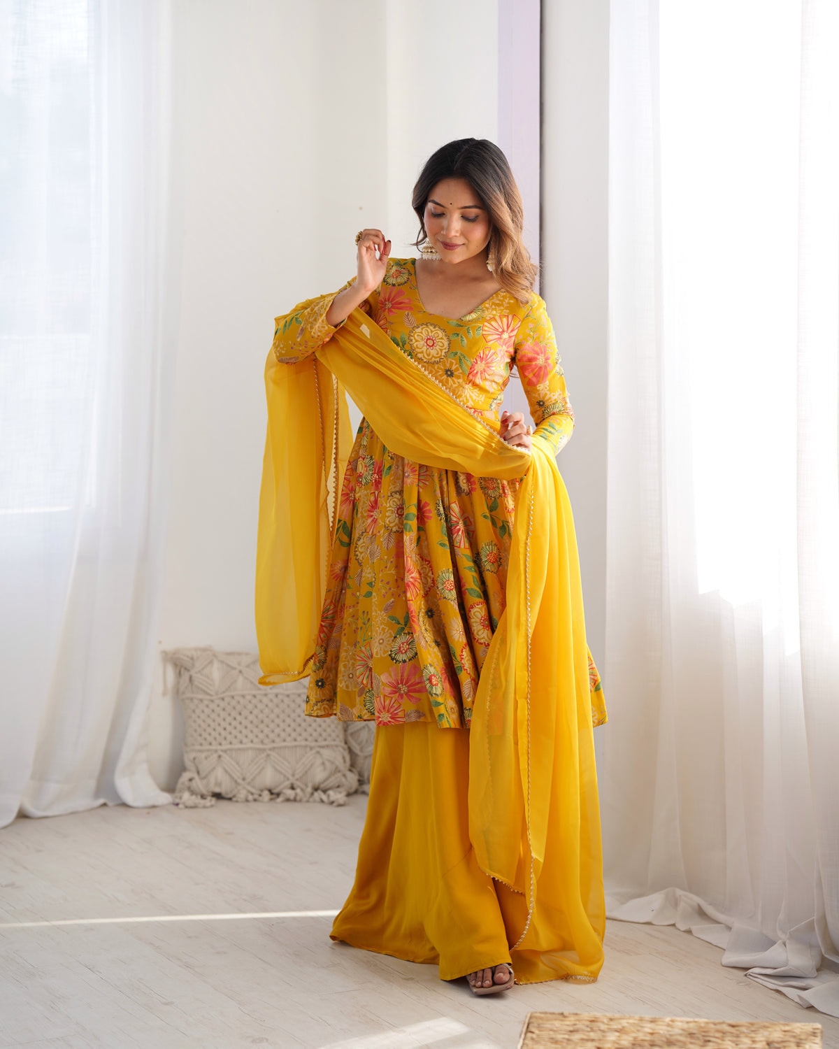 Premium Roman Silk Chanderi Discharge Print Kediya Kurta Set with Organza Dupatta & Palazzo