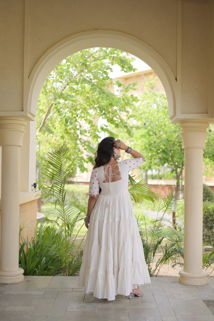 Premium Kora Cotton Embroidered Navratri Gown with Gota Patti & Mirror Work | ByRavina