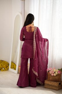 Premium Crunchy Silk Top & Bell Bottom Pant Set with Embroidery, Sequin & Jari Work