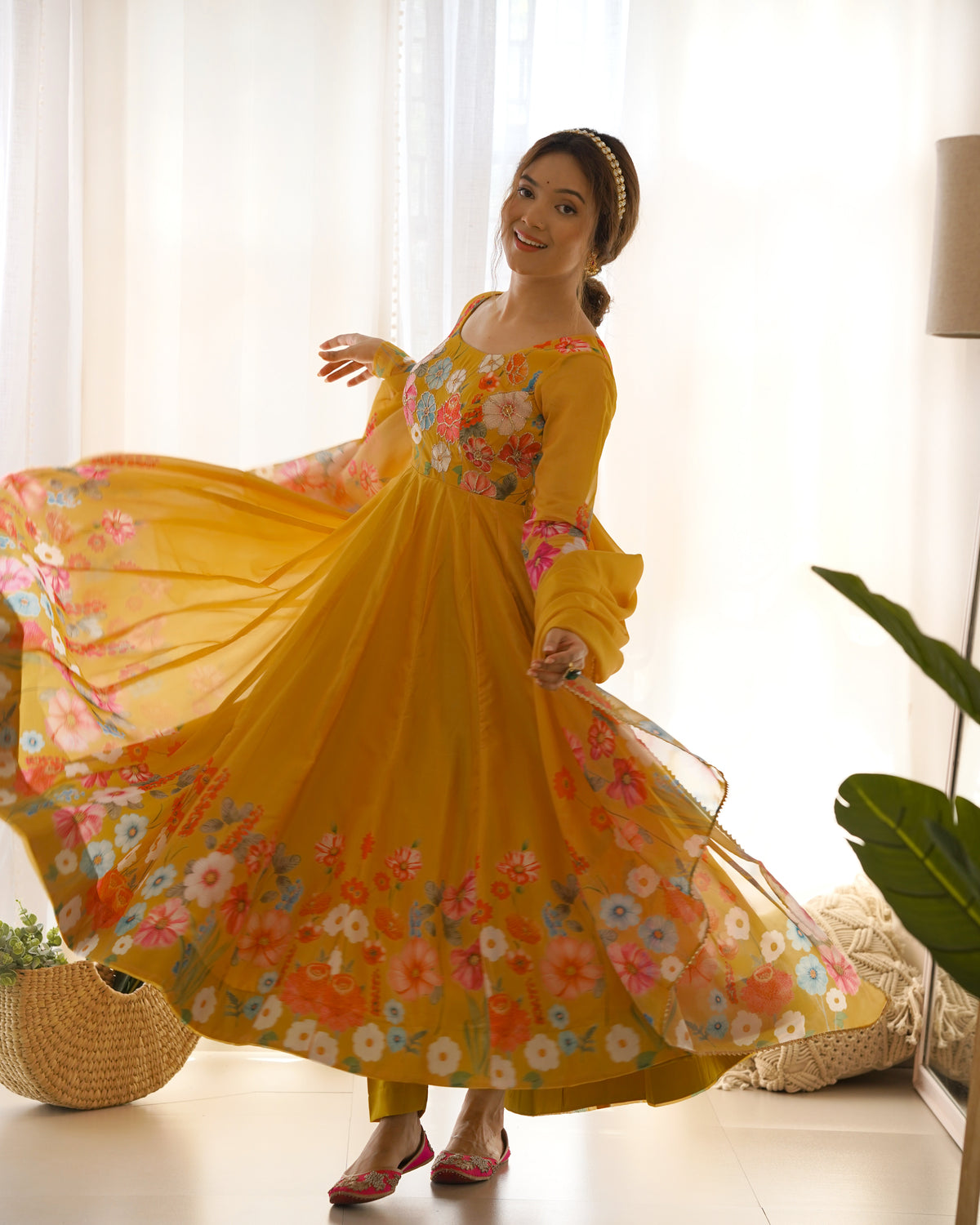 Premium Organza Silk Printed Anarkali Suit Set with Badla Jari & Gota Patti Work