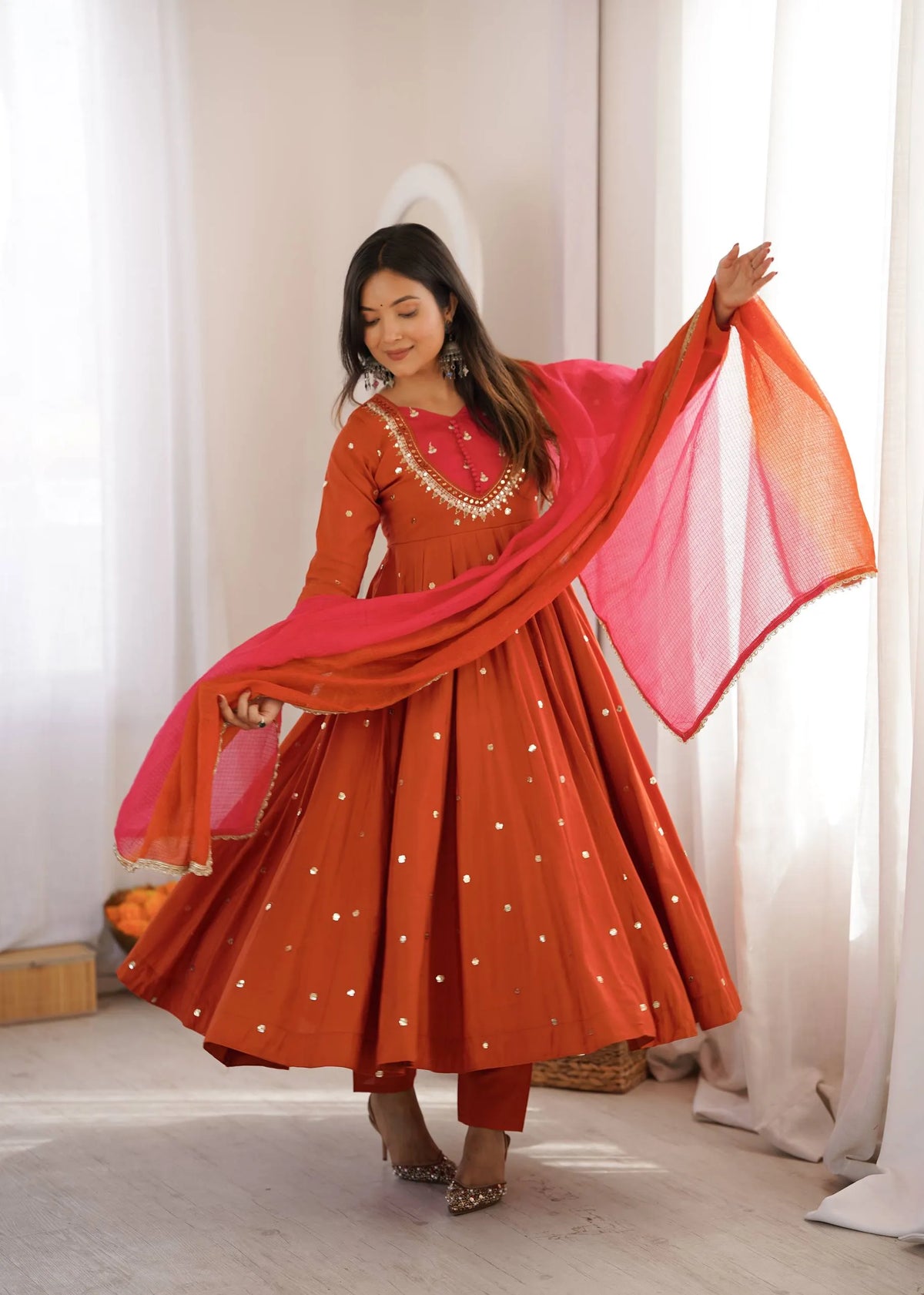Premium Roman Silk Anarkali Gown with Embroidery, Sequin & Real Mirror Work