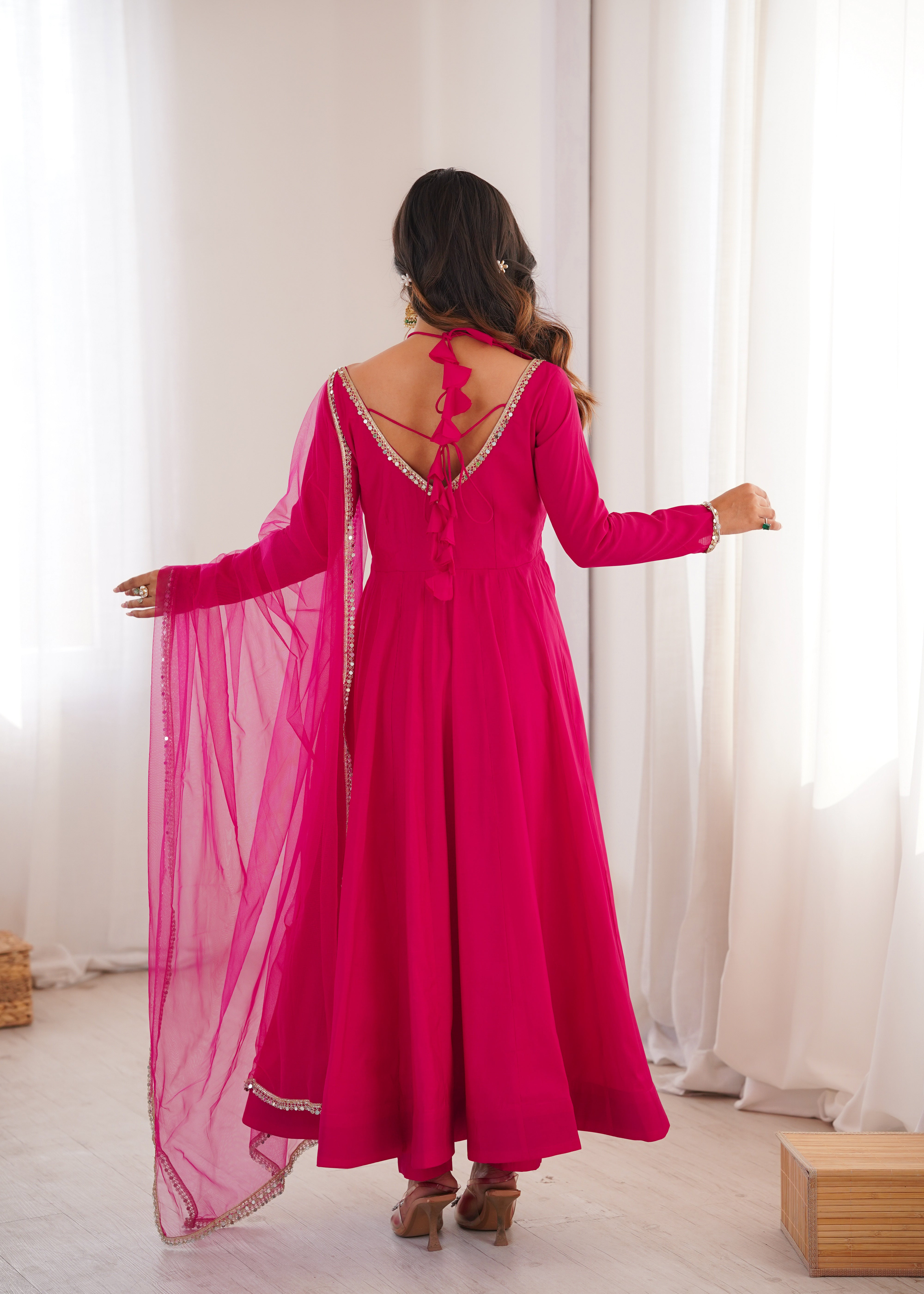 Premium Roman Silk Chanderi Anarkali Gown Set with Dupatta & Pant