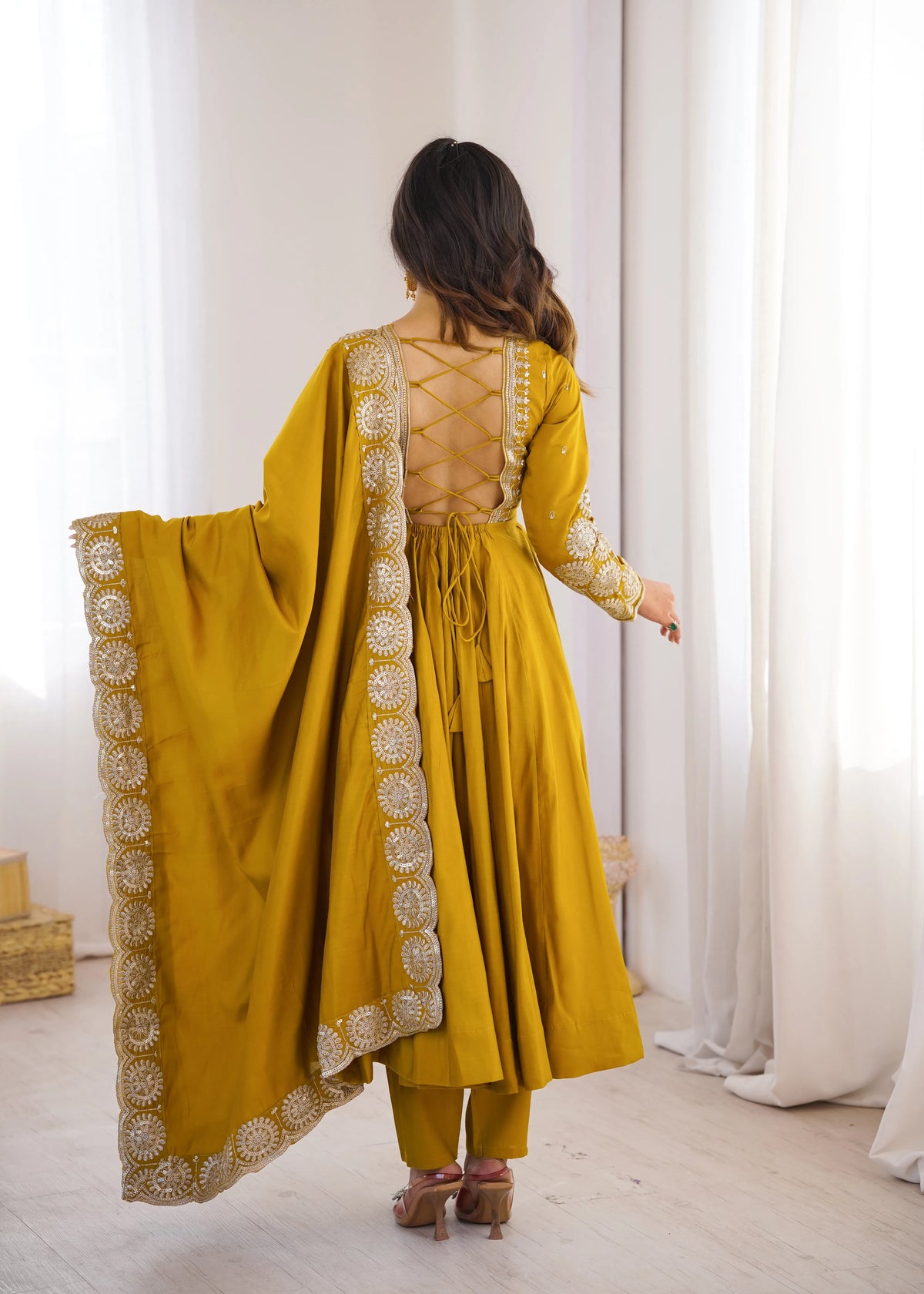 Premium Roman Silk Anarkali Gown with Embroidery & Sequin Work