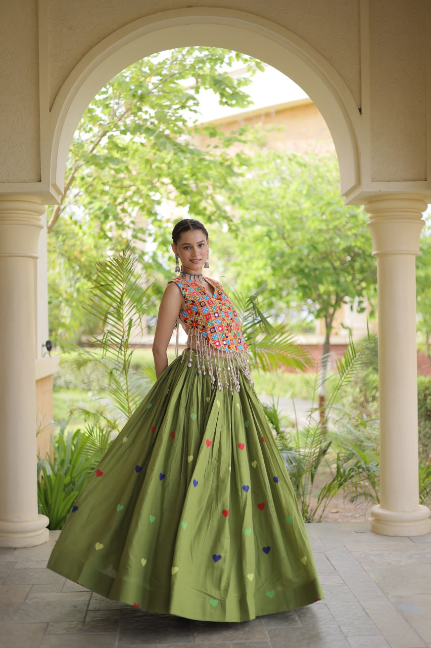 Premium Cora Cotton Navratri Lehenga Choli with Heart Thread Embroidery & Gamthi Mirror Work