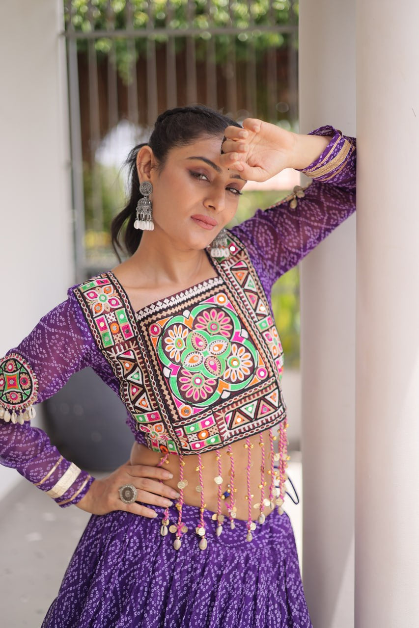Premium Faux Georgette Bandhani Print Navratri Lehenga Choli with Kutchi Patchwork