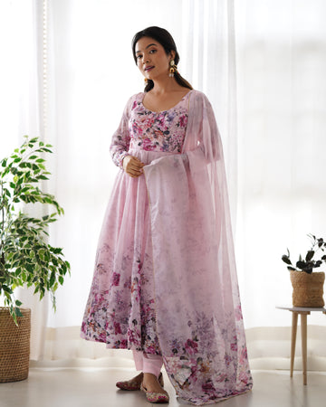 Premium Organza Silk Printed Anarkali Gown with Kali Flare, Canvas Patta & Gota Patti Dupatta