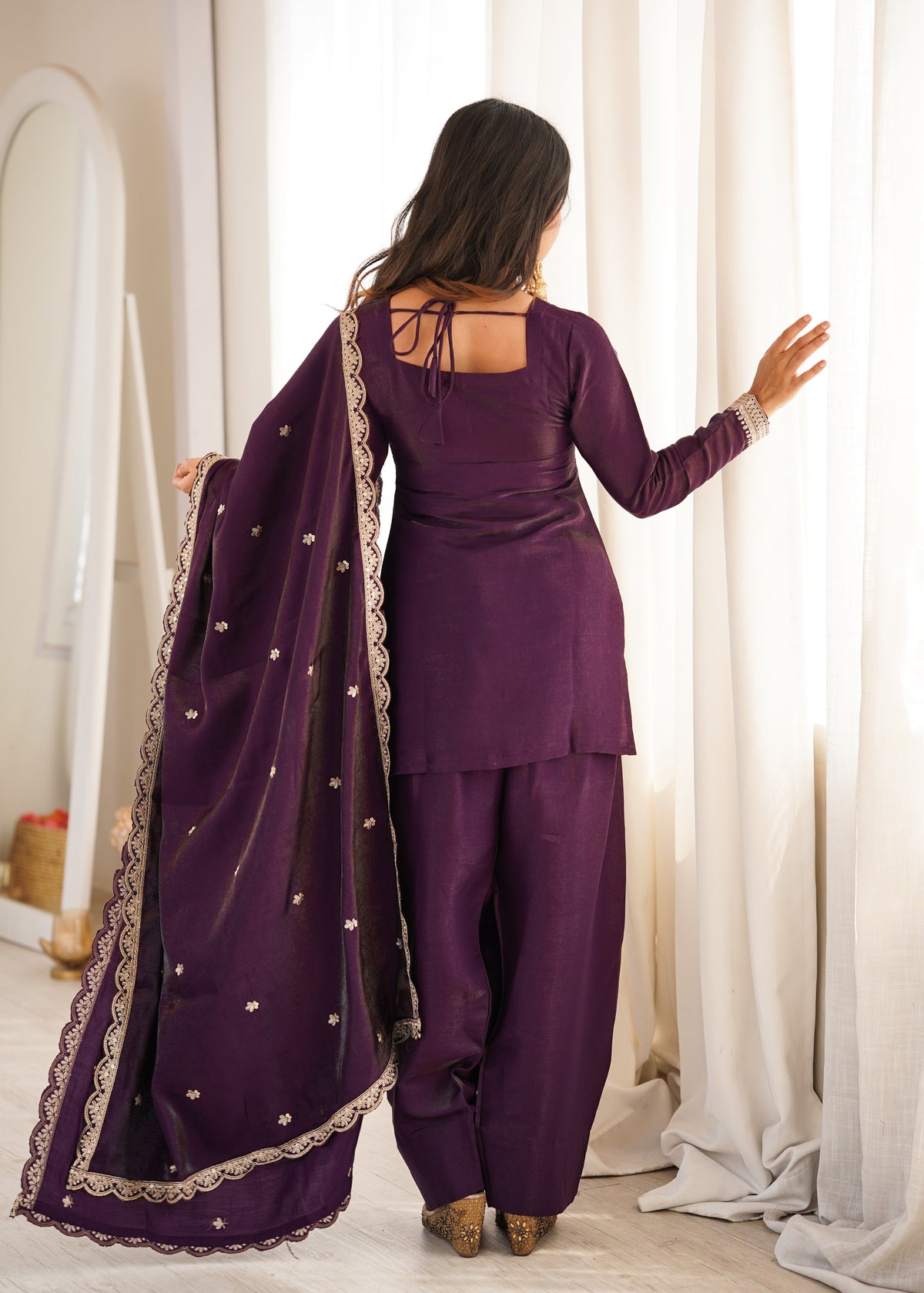 Premium Glass Roman Silk Top & Farshi Shalwar Set with Embroidery, Sequin, Dori & Jari Work