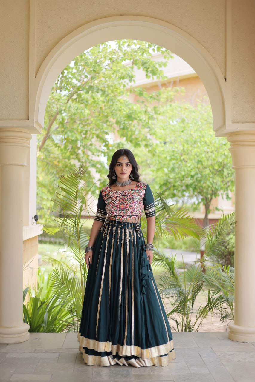 Reyon Navratri Lehenga Choli with Gota Patti Lace, Gamthi Embroidery & Real Mirror Work