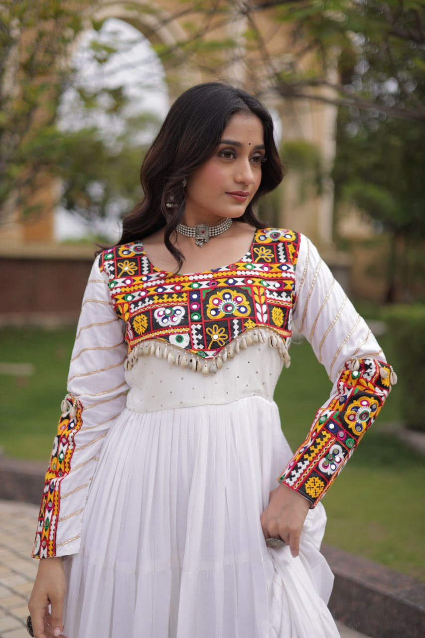 Premium Rayon Navratri Gown with Mukaish, Gamthi Embroidery, Mirror & Gota Patti Work
