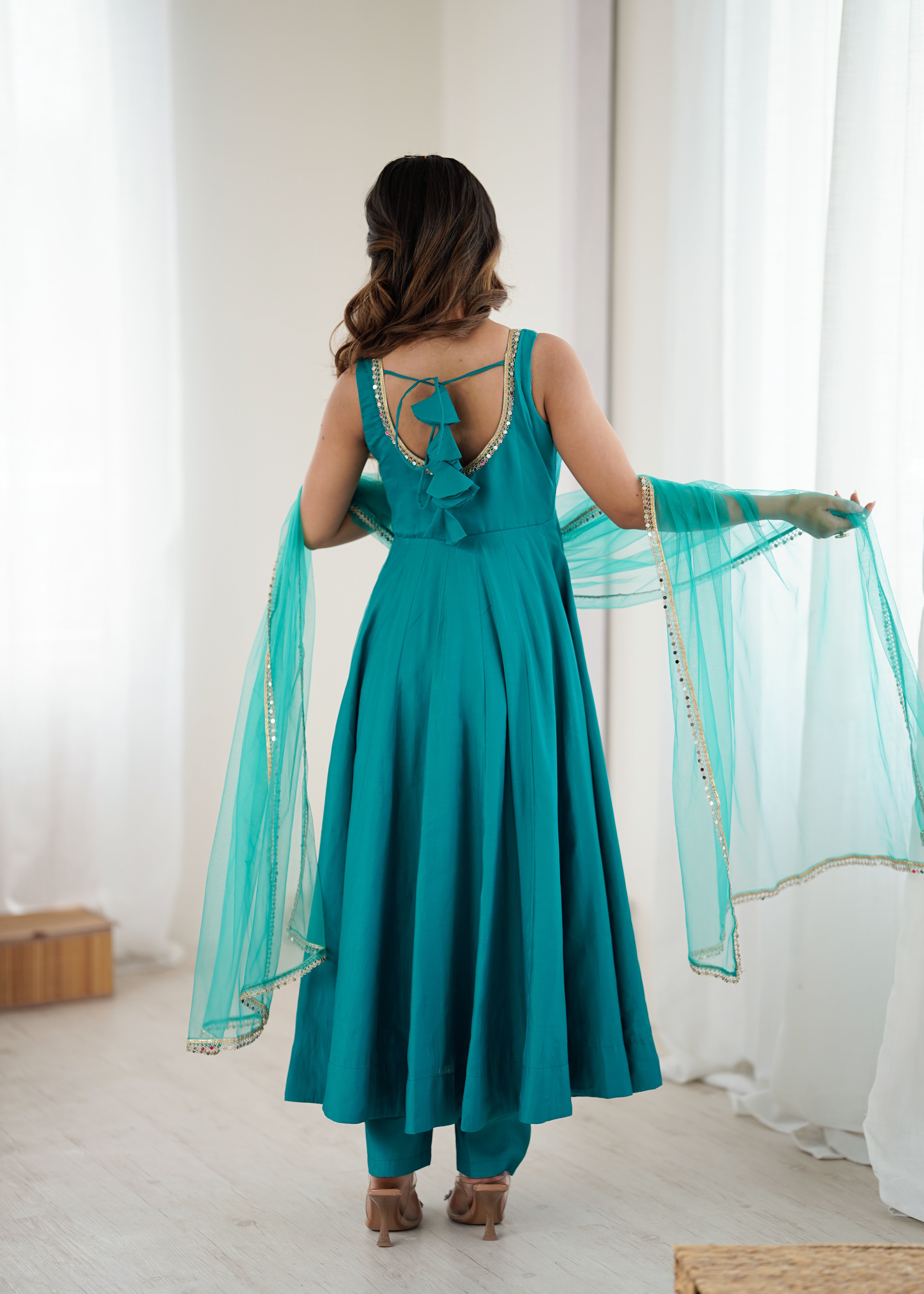 Premium Pure Romansilk Chanderi 4 Meter Flared Anarkali Gown Set