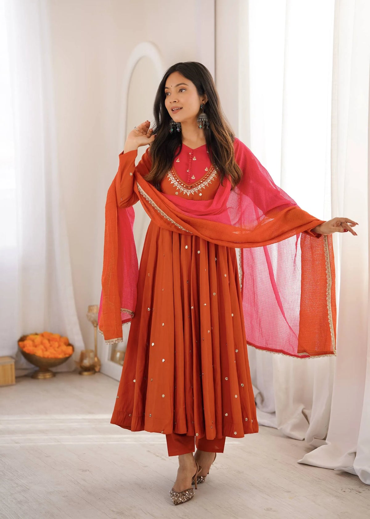 Premium Roman Silk Anarkali Gown with Embroidery, Sequin & Real Mirror Work