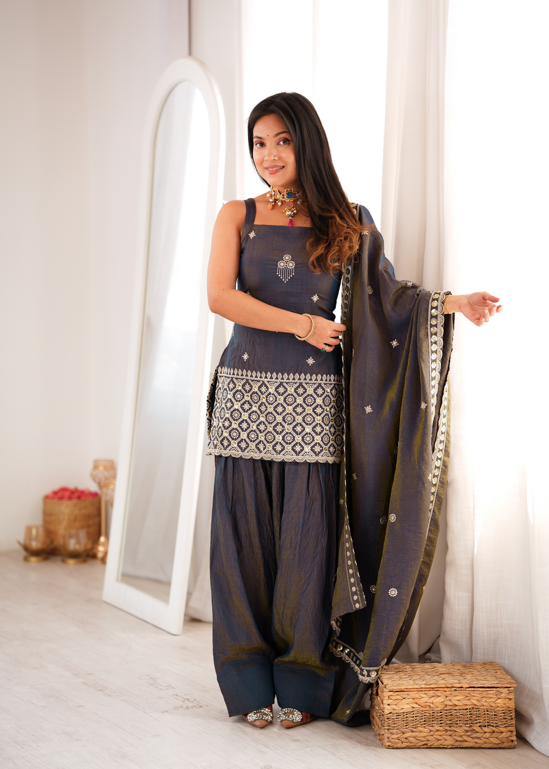 Premium NC Vichitra Silk Embroidered Farshi Shalwar Set