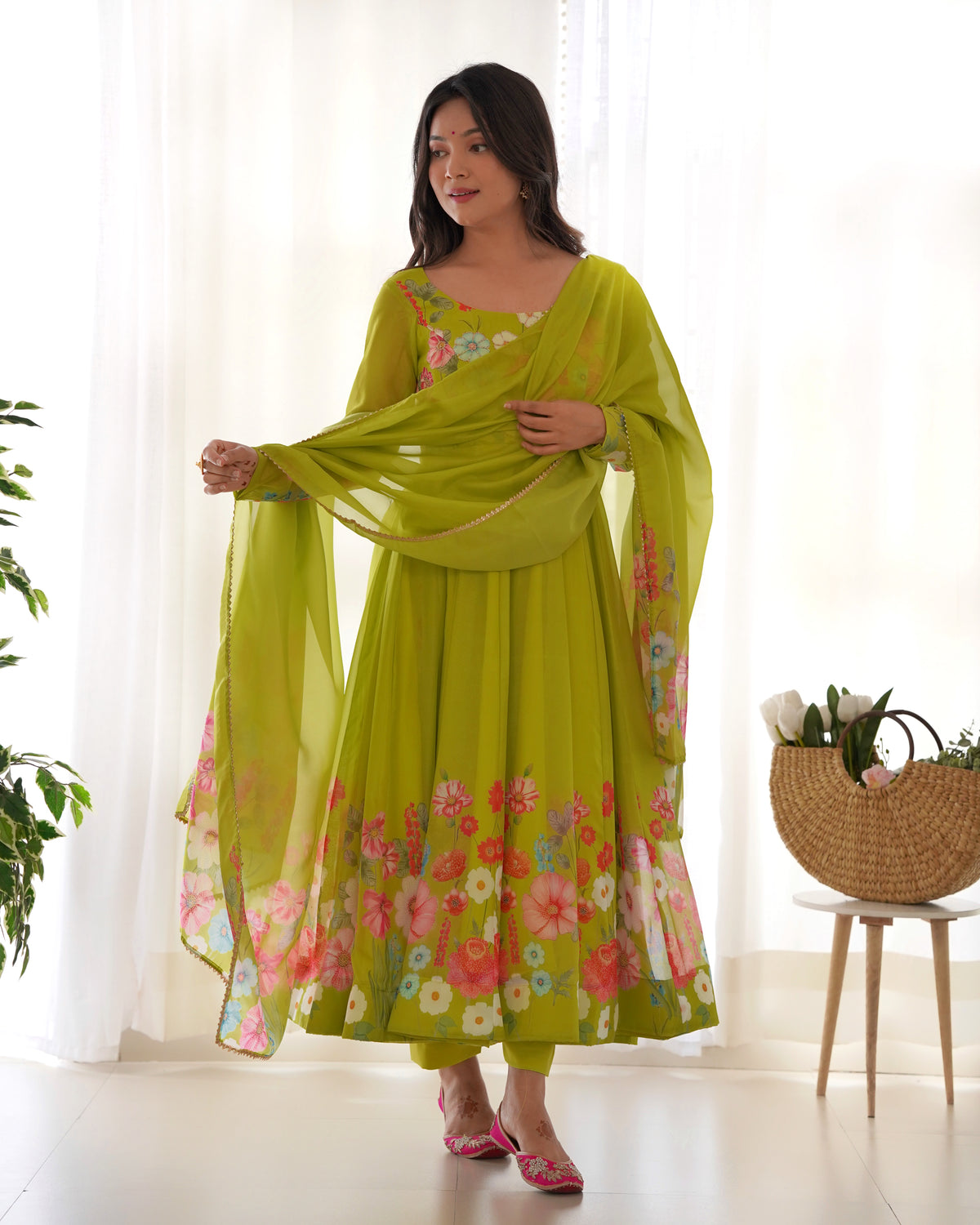 Premium Organza Silk Printed Anarkali Suit Set with Badla Jari & Gota Patti Work