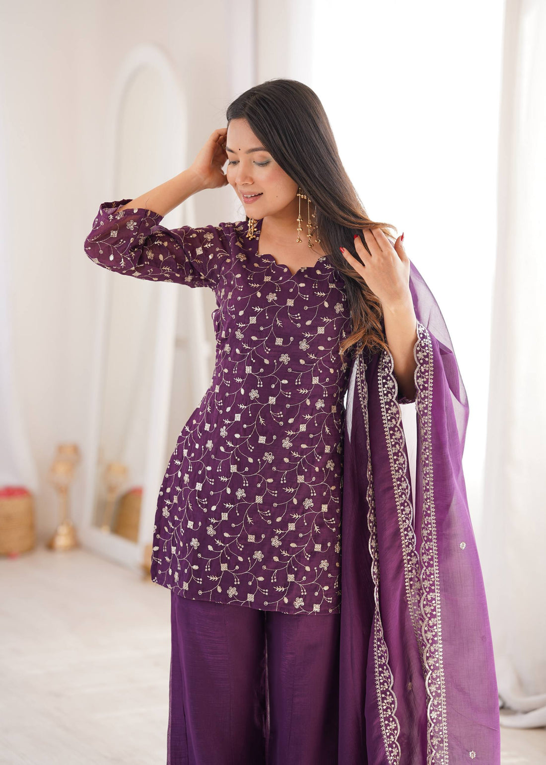 Premium Crunchy Silk Top Pant Set with Embroidery, Sequin & Jari Work