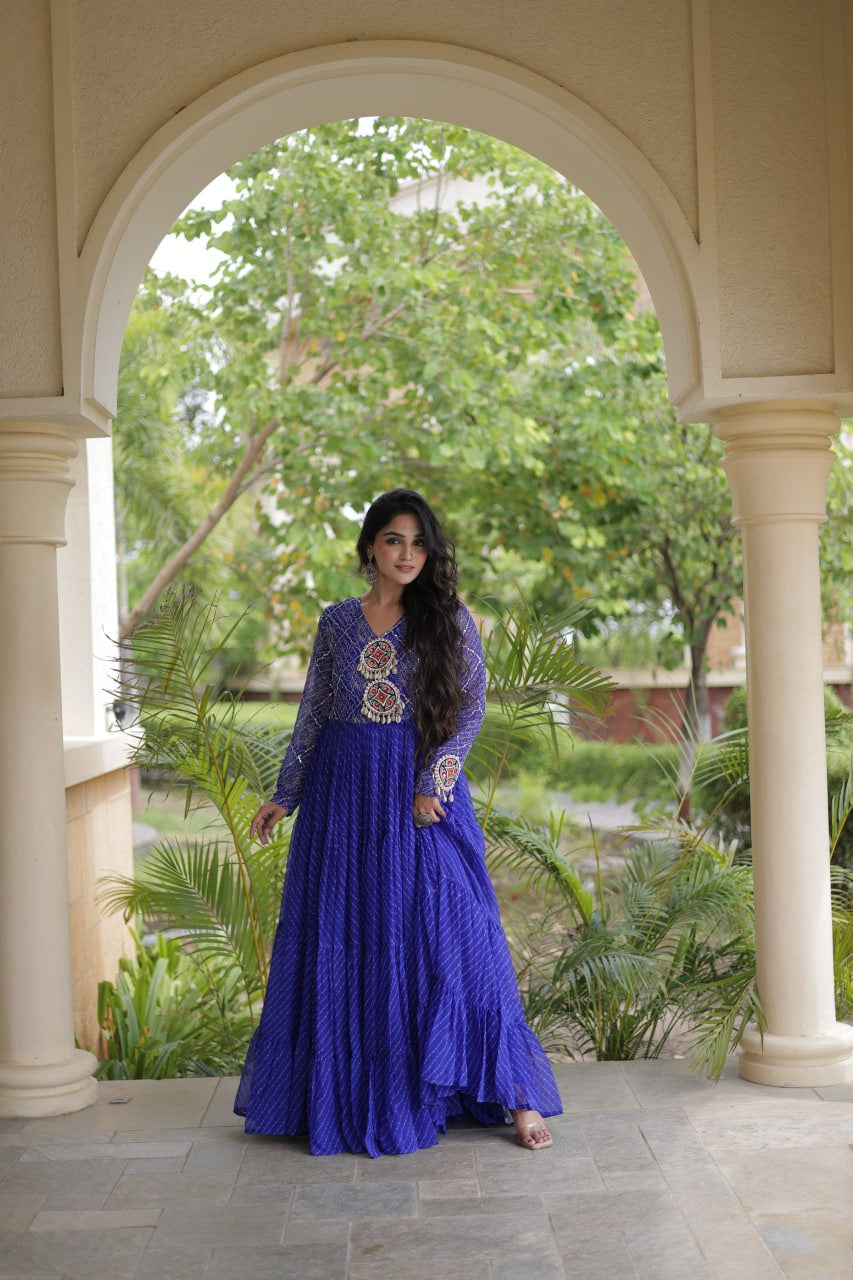 Premium Faux Georgette Navratri Gown with Laheriya Print & Kutchi Patchwork