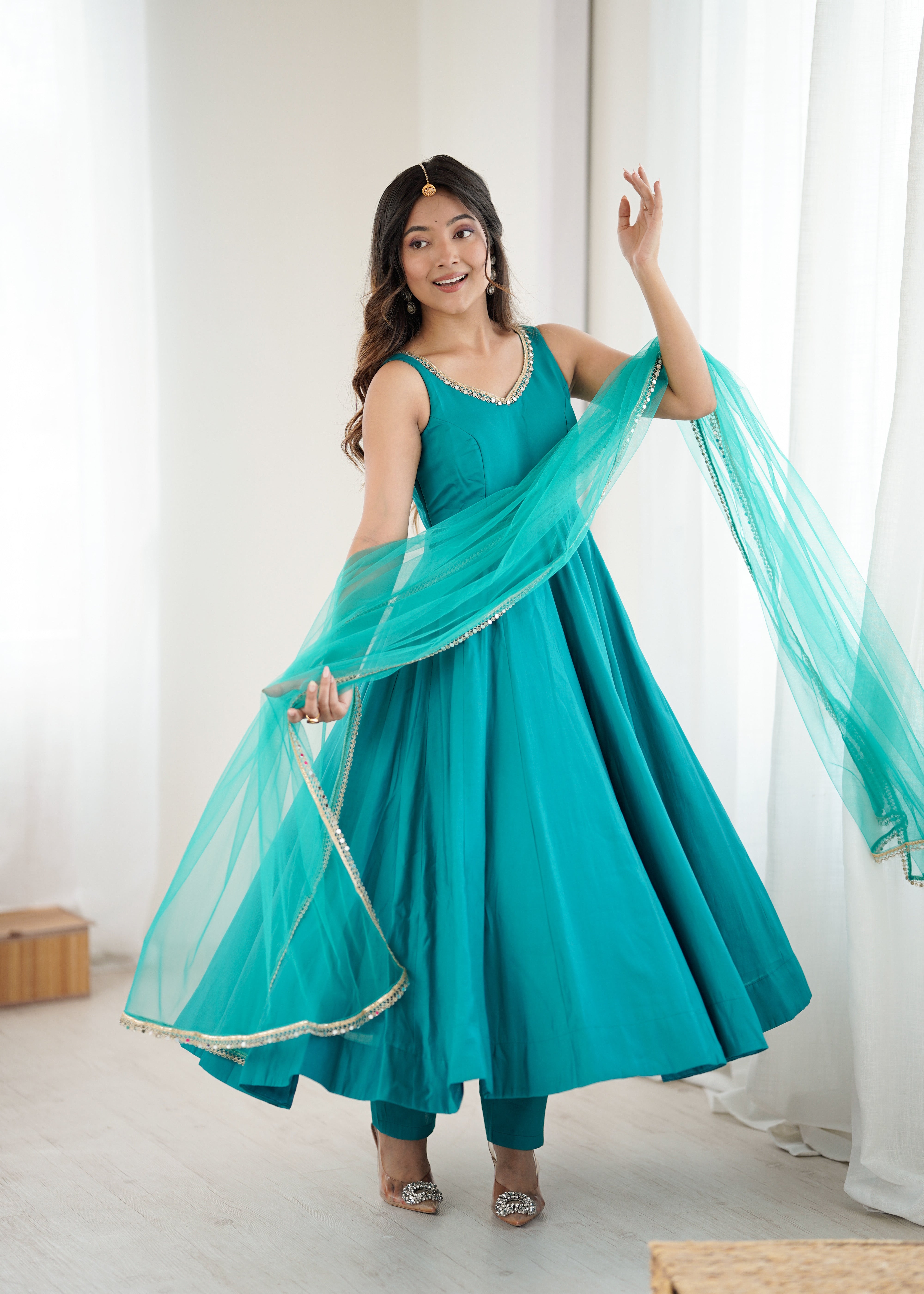 Premium Pure Romansilk Chanderi 4 Meter Flared Anarkali Gown Set
