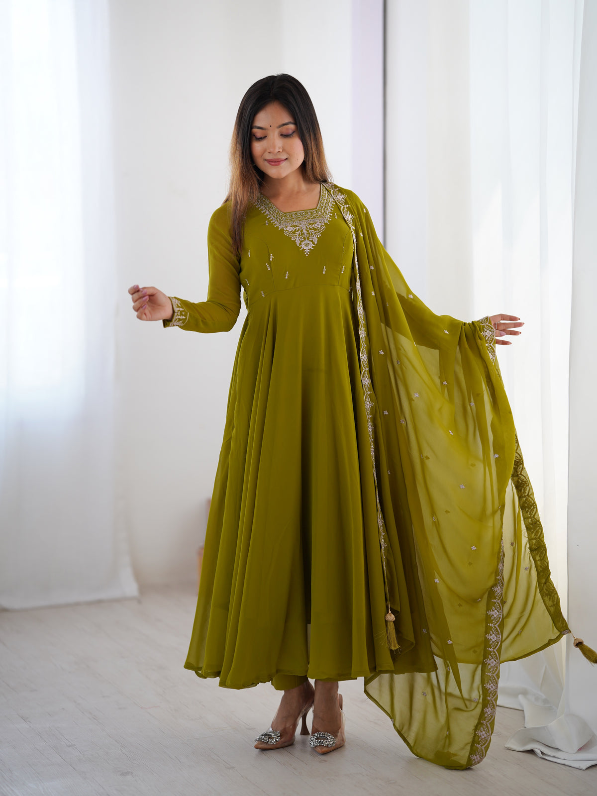 Premium Fox Georgette Anarkali Suit with Beads, Jari Work, 6.5 Meter Flair & Embellished Dupatta