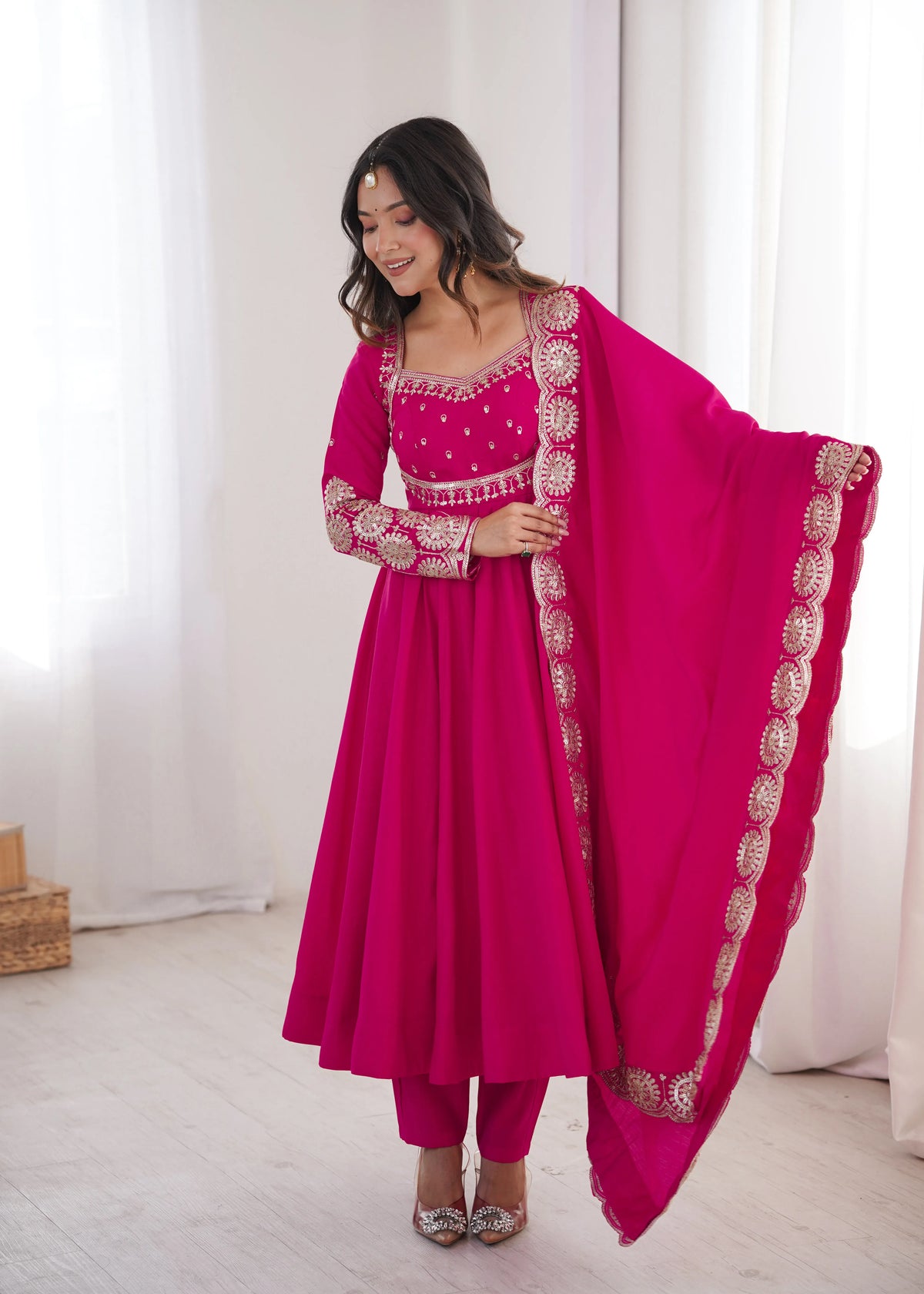 Premium Roman Silk Anarkali Gown with Embroidery & Sequin Work