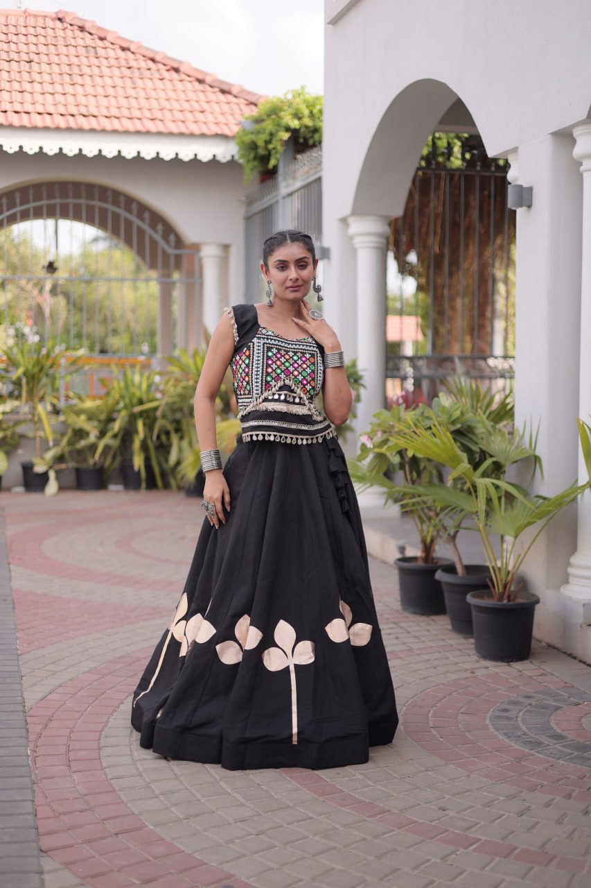 Premium Roman Silk Navratri Lehenga Choli with Pan-Patti Gota & Mirror Lace Work
