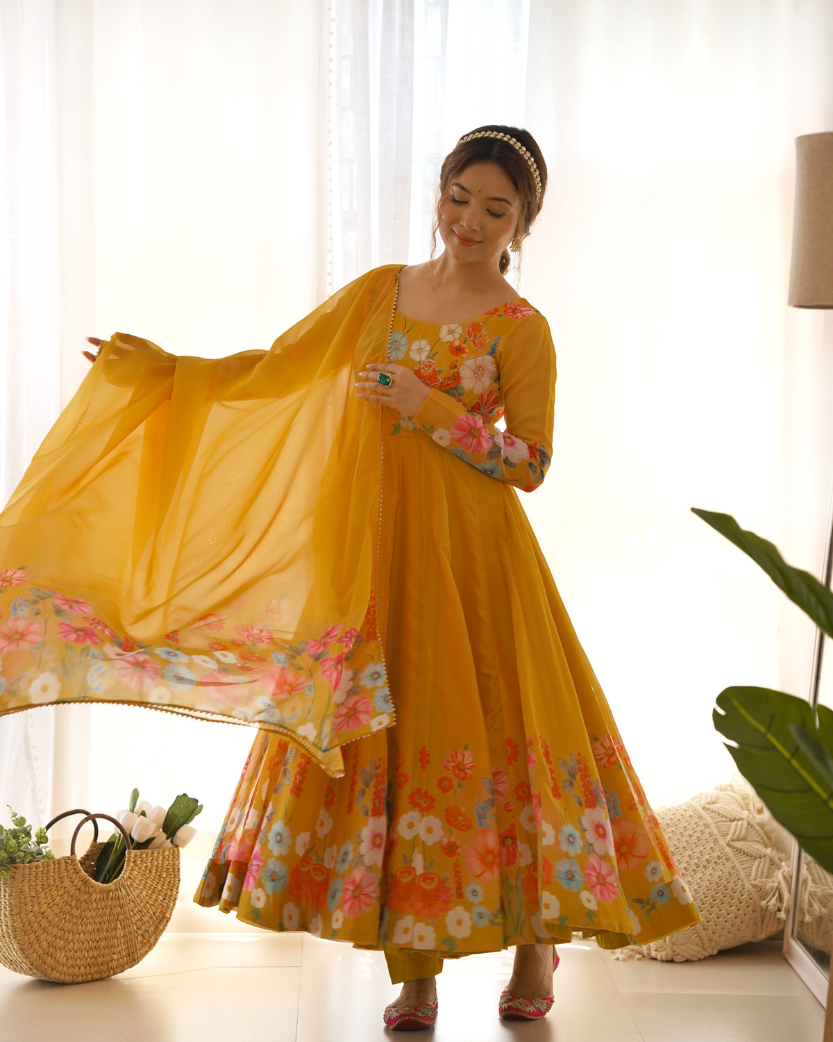 Premium Organza Silk Printed Anarkali Suit Set with Badla Jari & Gota Patti Work