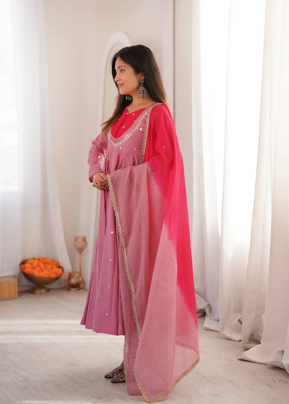 Premium Roman Silk Anarkali Gown with Embroidery, Sequin & Real Mirror Work
